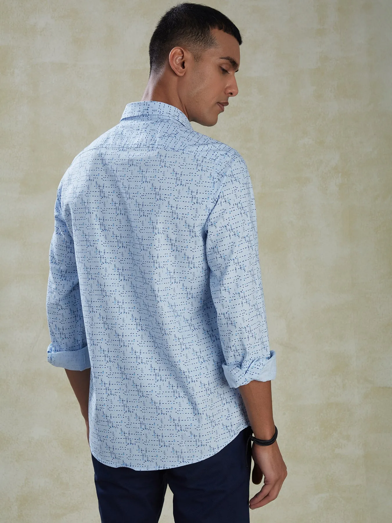 100% Cotton Sky Blue Slim Fit Full Sleeve Casual Mens Printed Shirt