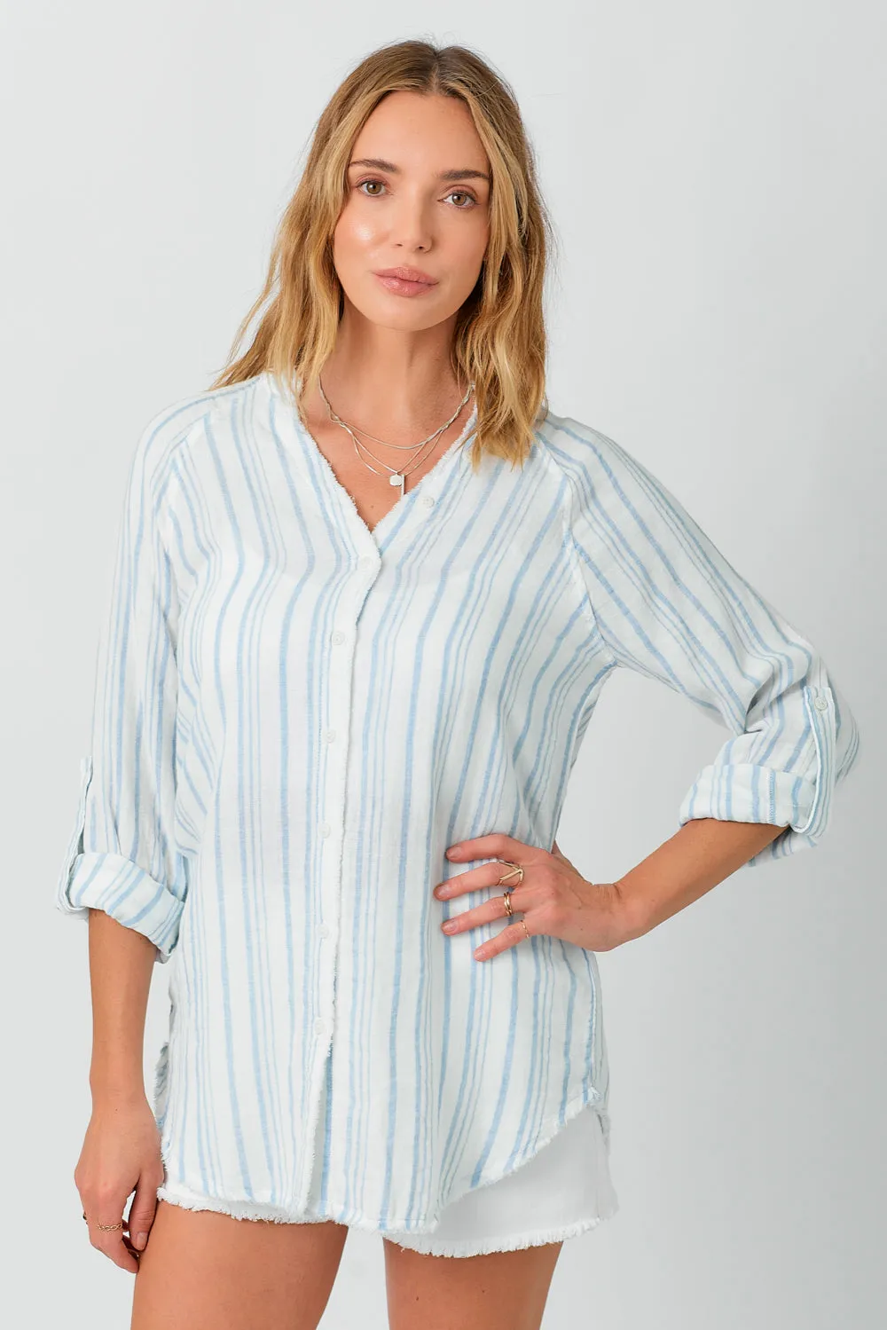 3/4 Sleeve Button Front Linen Shirt