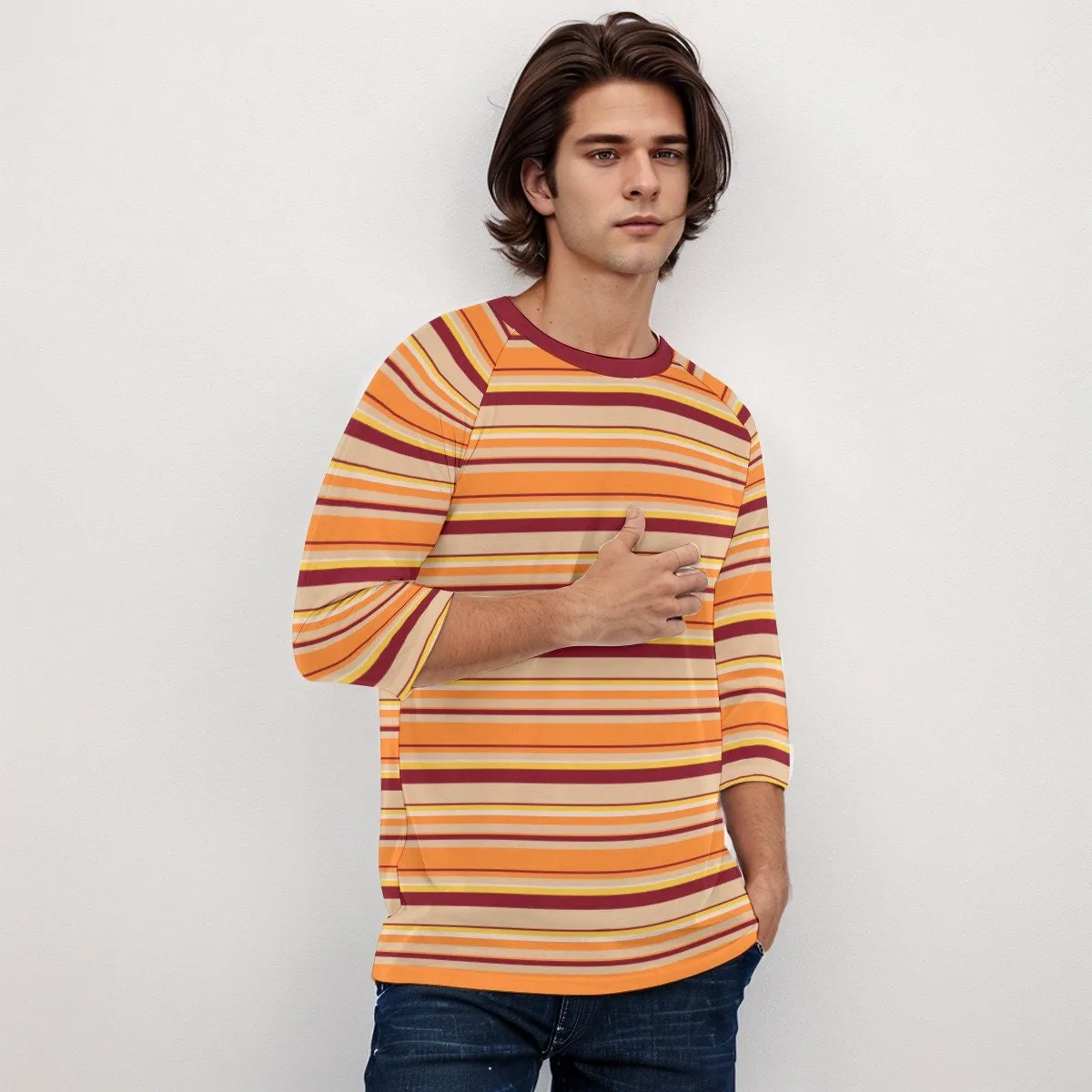 70s TShirt Style, Hippie Top Men, Vintage style Shirt Men, Maroon Orange Stripe Shirt, 70s inspired shirt, Orange Top Men, Hipster Shirt