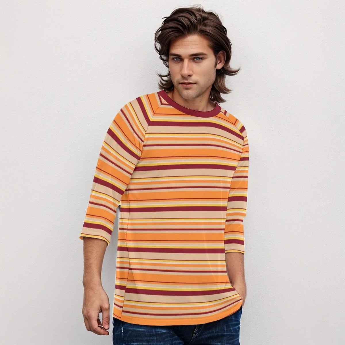 70s TShirt Style, Hippie Top Men, Vintage style Shirt Men, Maroon Orange Stripe Shirt, 70s inspired shirt, Orange Top Men, Hipster Shirt