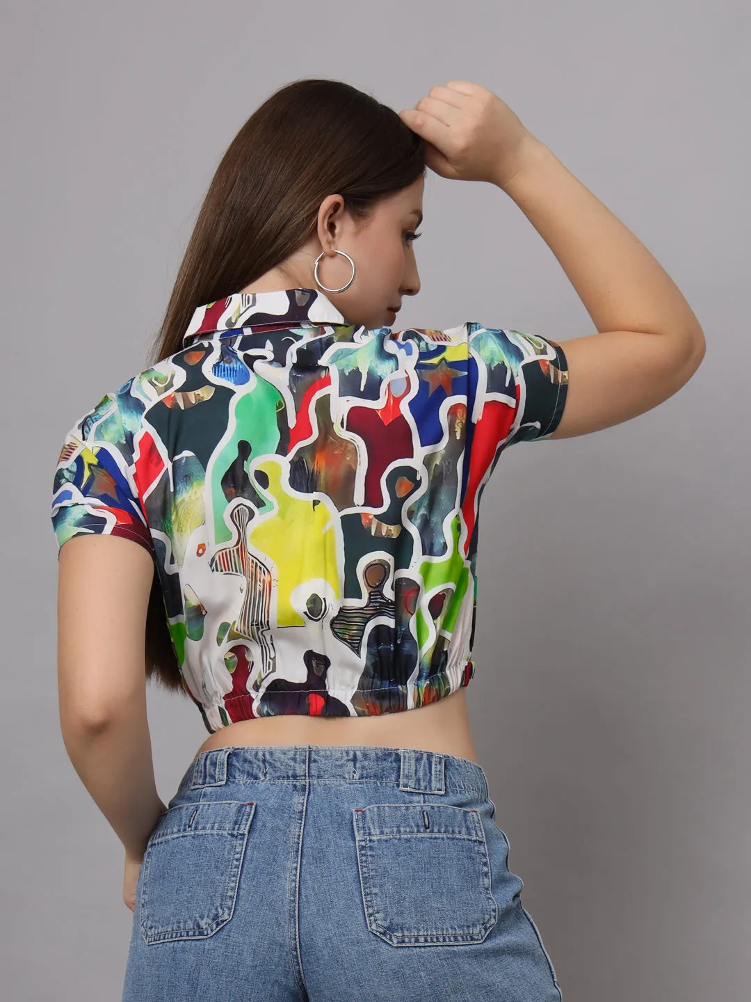 Abstract Printed Shirt Collar Crop Top