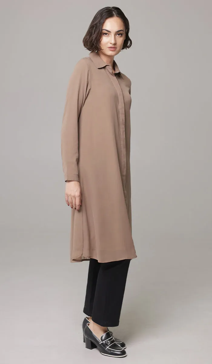 Asra Long Flowy Buttondown Shirt Jacket - Mocha