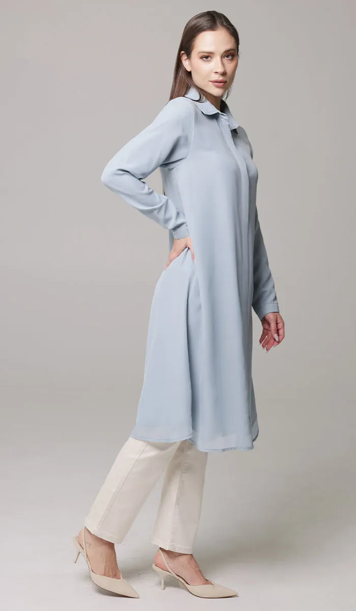 Asra Long Flowy Buttondown Shirt Jacket - Powder Blue