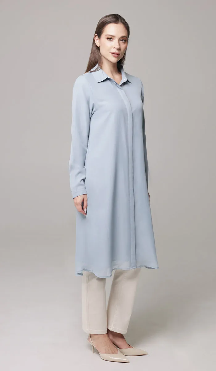 Asra Long Flowy Buttondown Shirt Jacket - Powder Blue