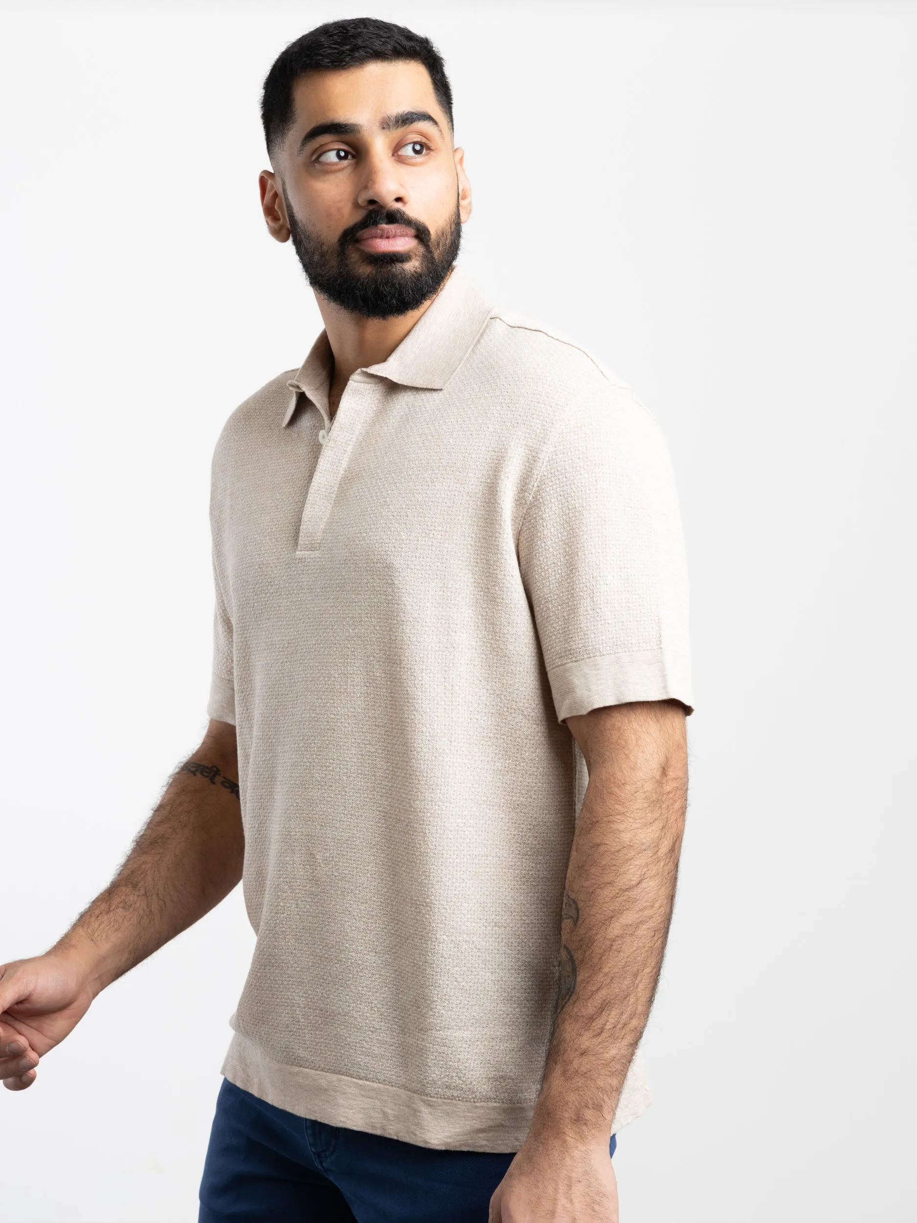 Beige Cotton-Linen-Silk Polo Shirt