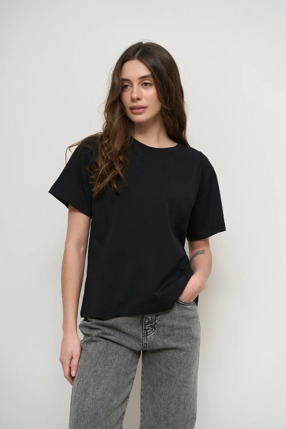 Black Ribbed Seam Detail T-Shirt