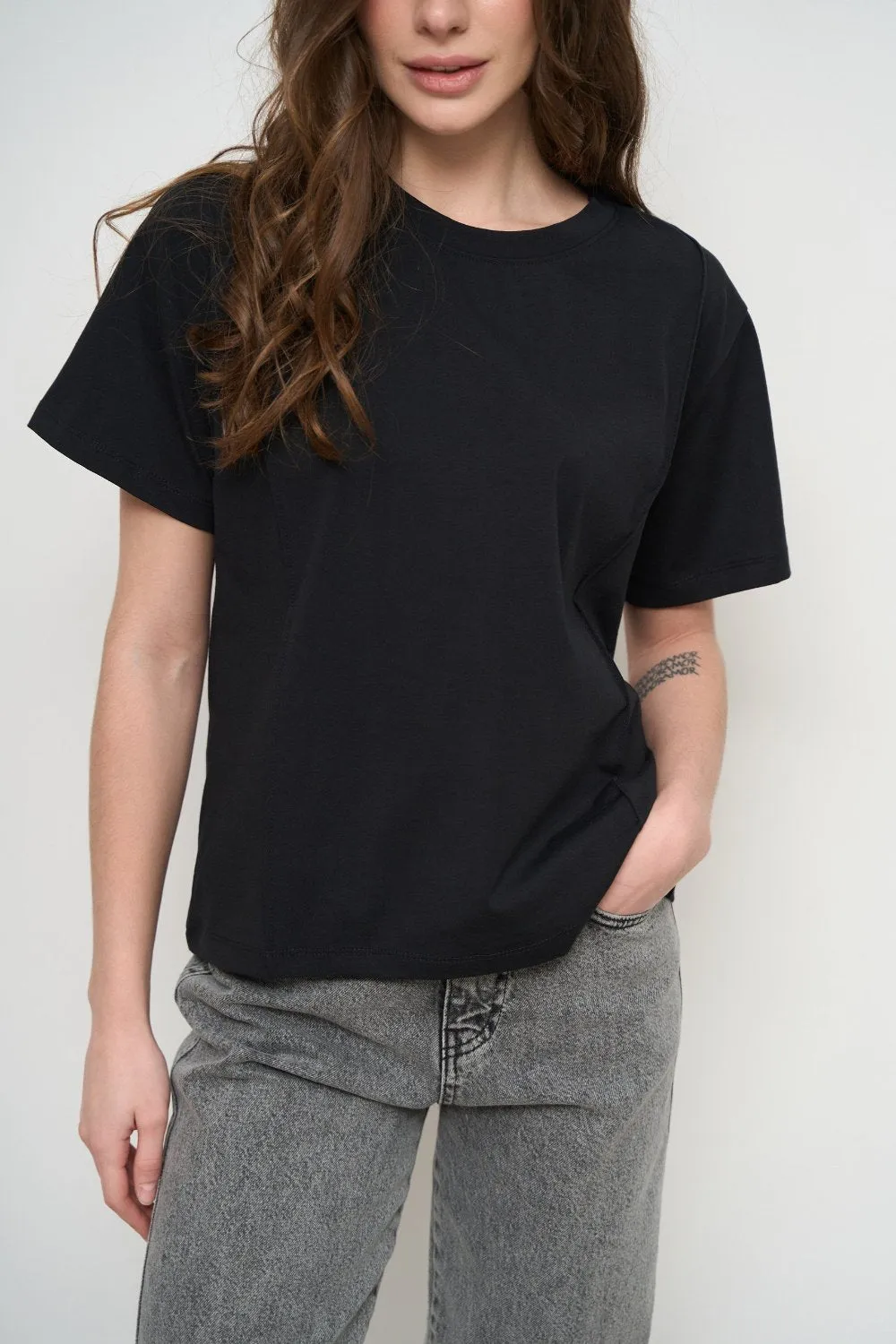 Black Ribbed Seam Detail T-Shirt