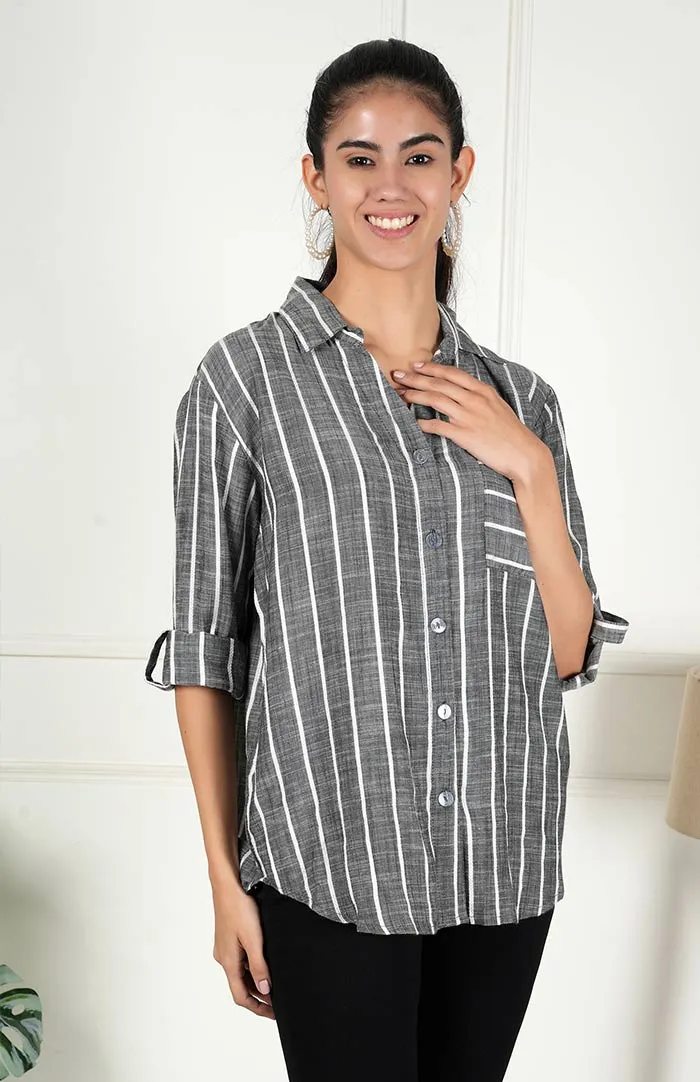 Black Striped Casual Long Sleeve Stylish V-Neck Shirts with Pocket