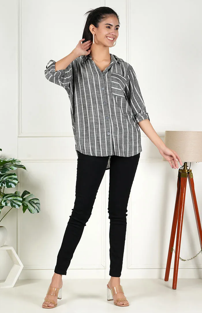 Black Striped Casual Long Sleeve Stylish V-Neck Shirts with Pocket