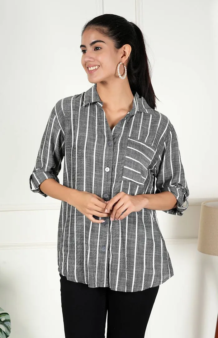 Black Striped Casual Long Sleeve Stylish V-Neck Shirts with Pocket