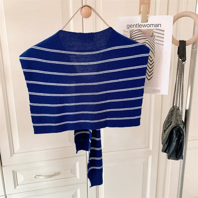 Blue Striped Knit Shawl with Versatile Trim