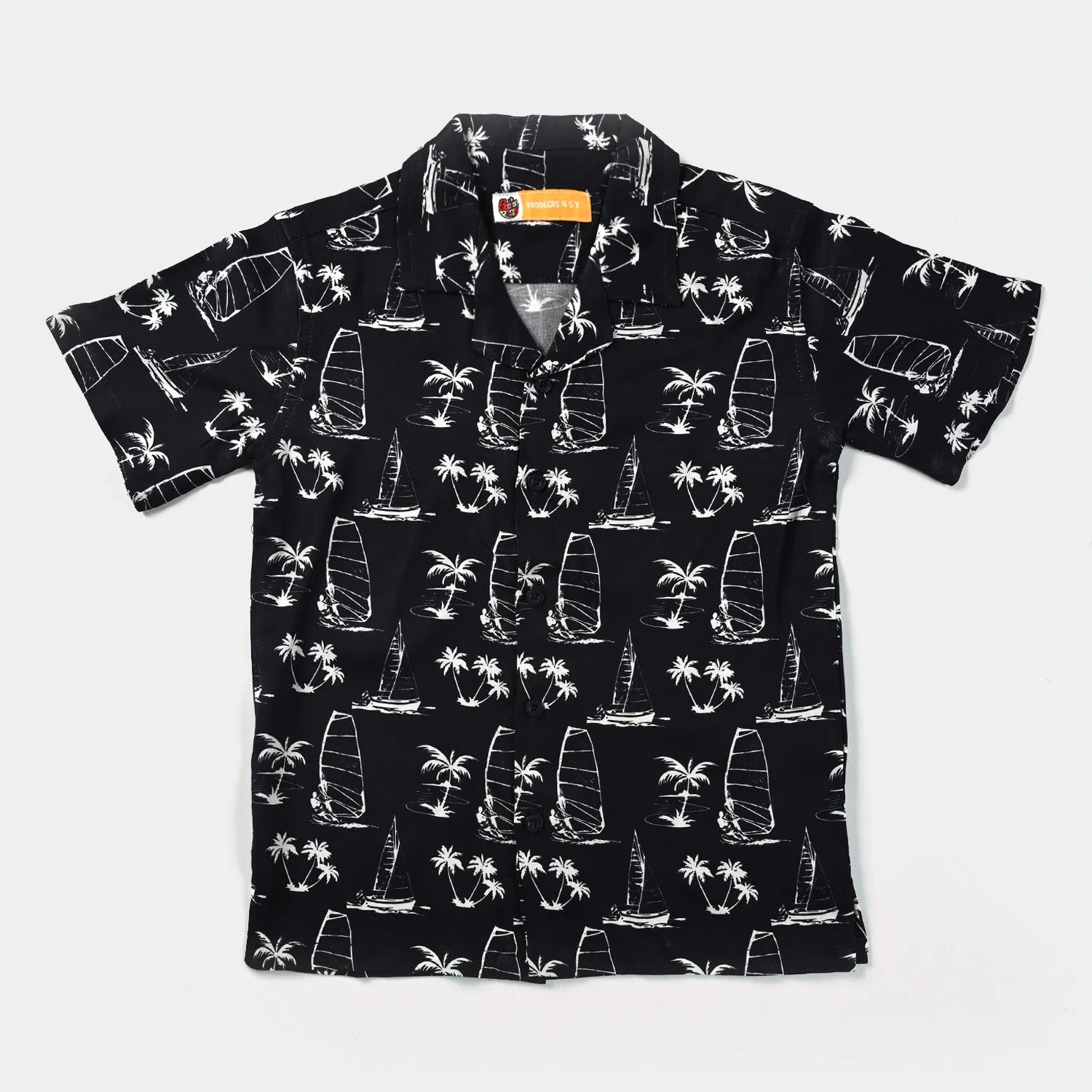 Boys Viscose Casual Shirt H/S Boats and palm trees-BLACK