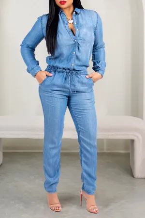 Casual Versatile Denim Drawstring Jumpsuit