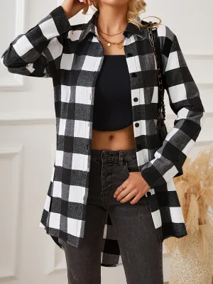 Chic Plaid Print Shirt Versatile Button Front Sleeve Womens Fashion