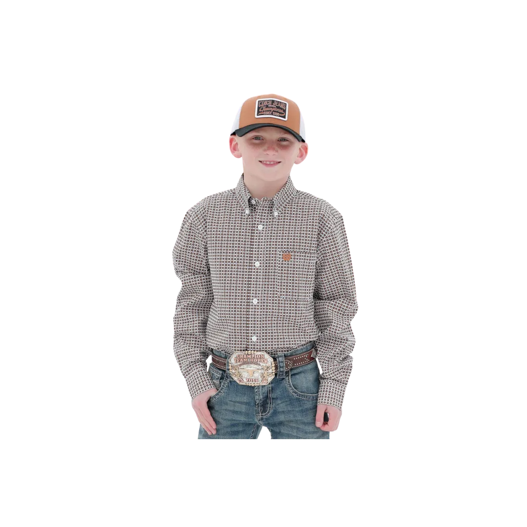 Cinch Kid's Match Dad Geometric Print Button Down Western White Gold Shirt