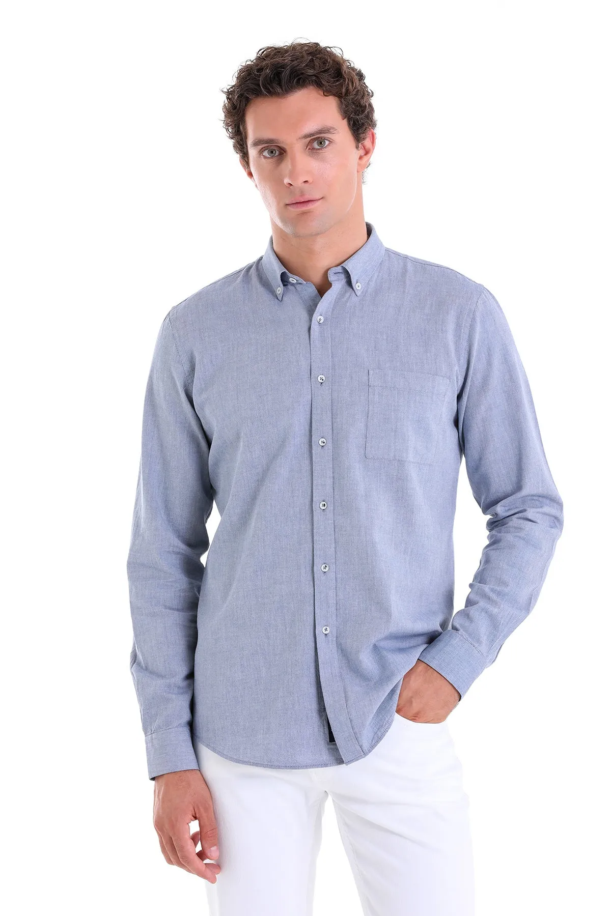 Comfort Fit Long Sleeve Cotton Light Navy Casual Shirt