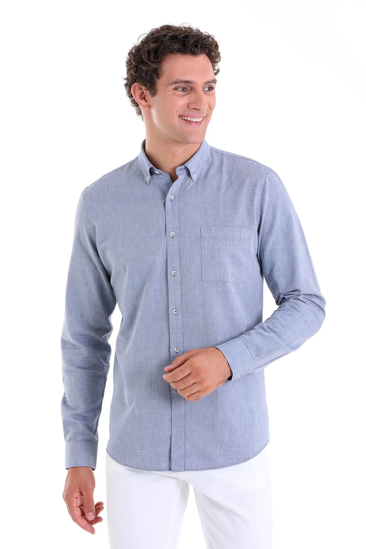 Comfort Fit Long Sleeve Cotton Light Navy Casual Shirt