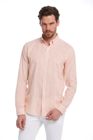 Comfort Fit Long Sleeve Striped Cotton Orange Casual Shirt