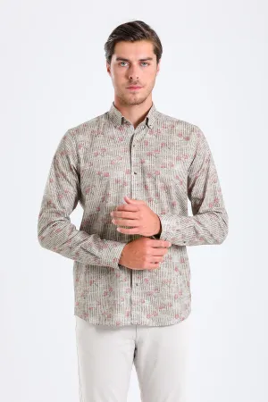 Comfort Fit Palm Tree Printed Cotton Khaki Casual Shirt