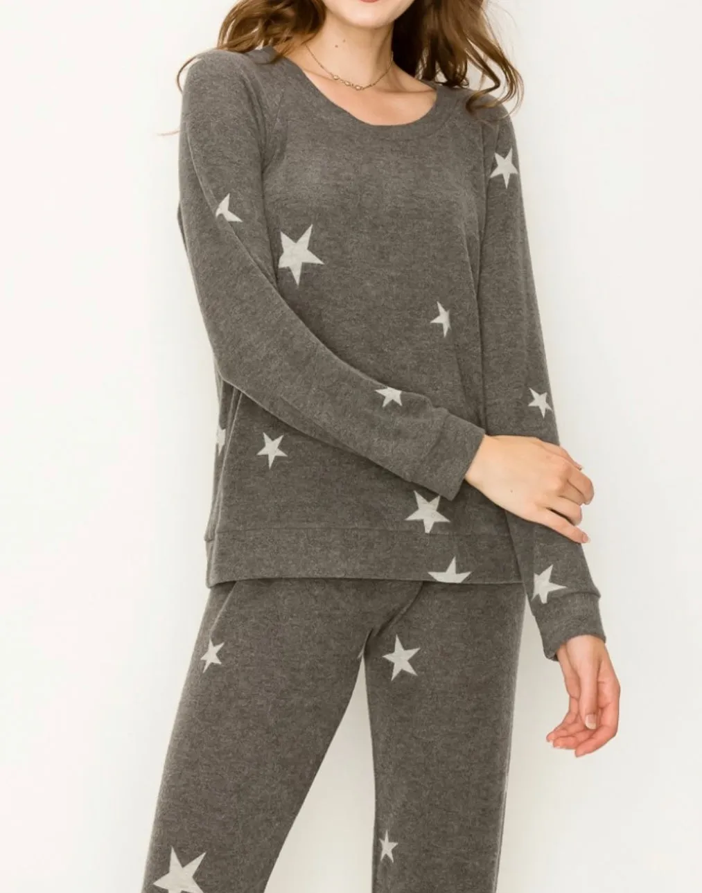 Comfy top with raglan sleeves top In our mocha stars print comfy brushed Jersey