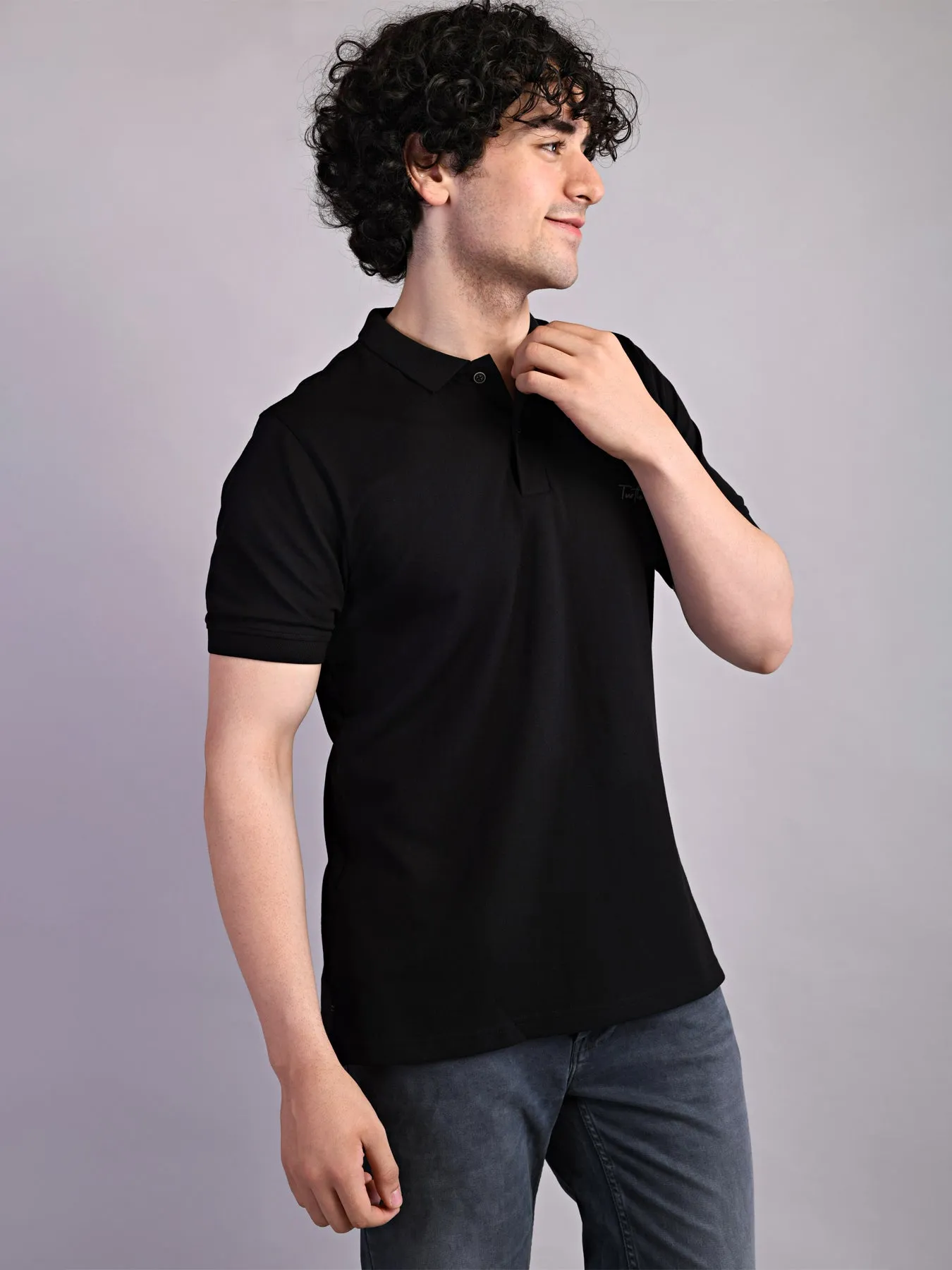 Cotton Stretch Black Plain Polo Neck Half Sleeve Casual T-Shirt