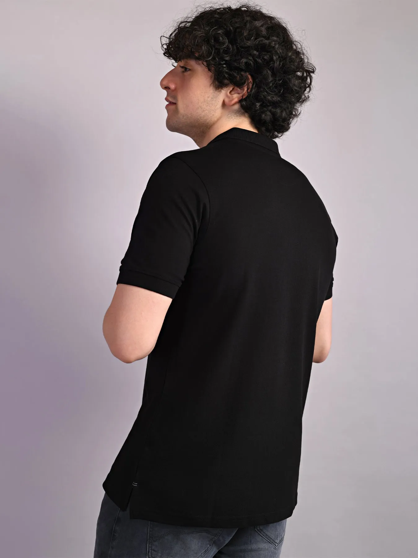 Cotton Stretch Black Plain Polo Neck Half Sleeve Casual T-Shirt