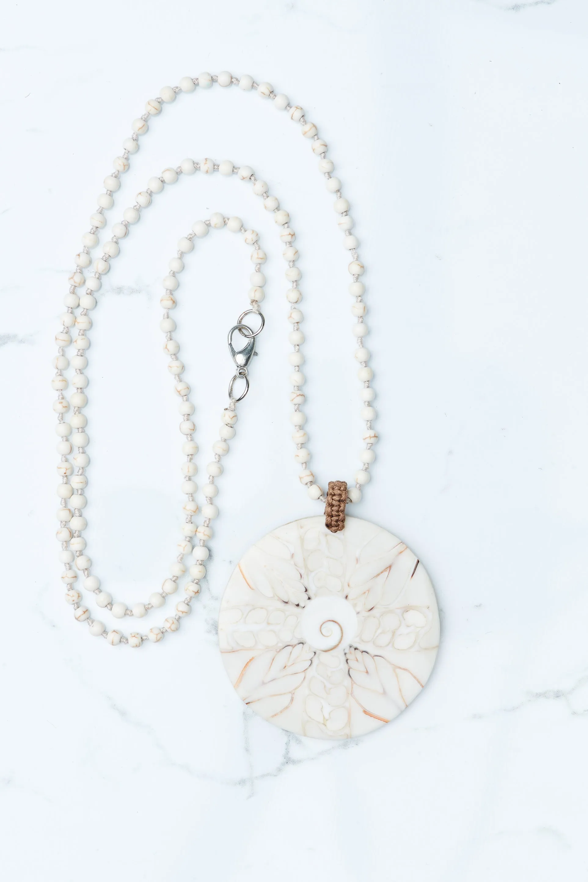 Cream Lava Beaded Fossil Shell Pendant Necklace