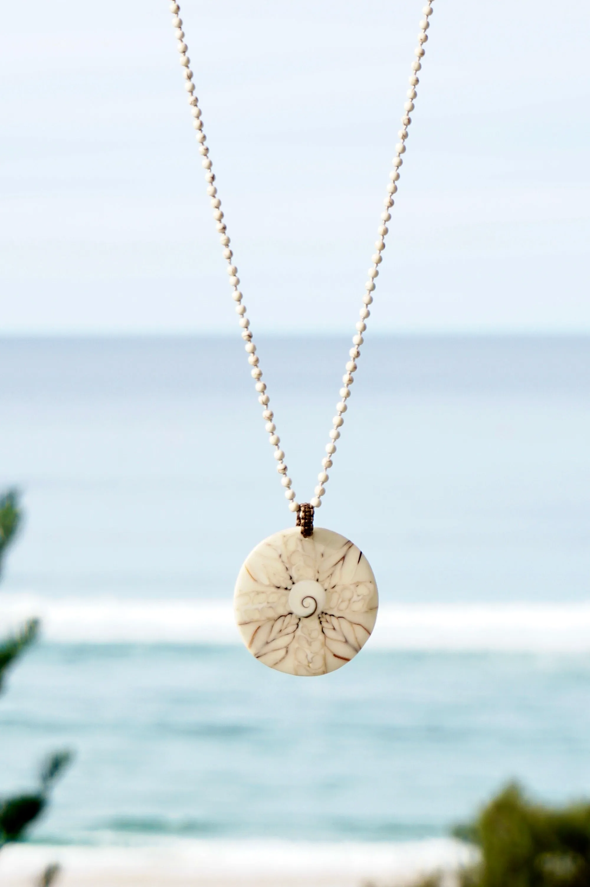 Cream Lava Beaded Fossil Shell Pendant Necklace