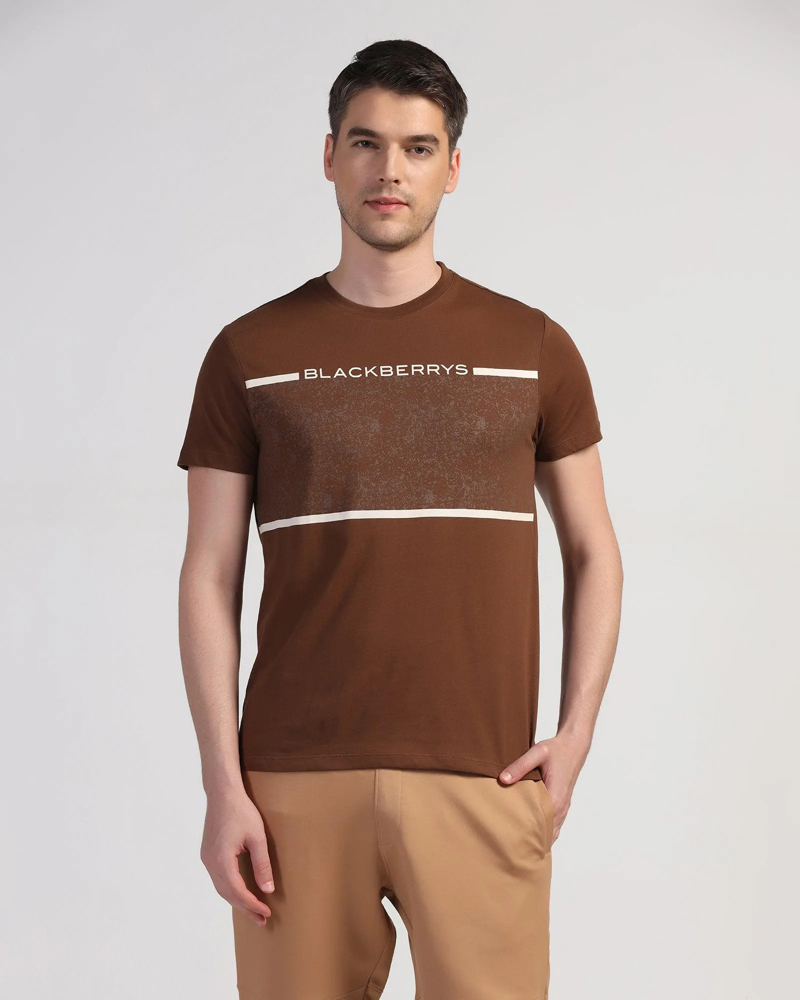 Crew Neck Brown Printed T-Shirt - Peak