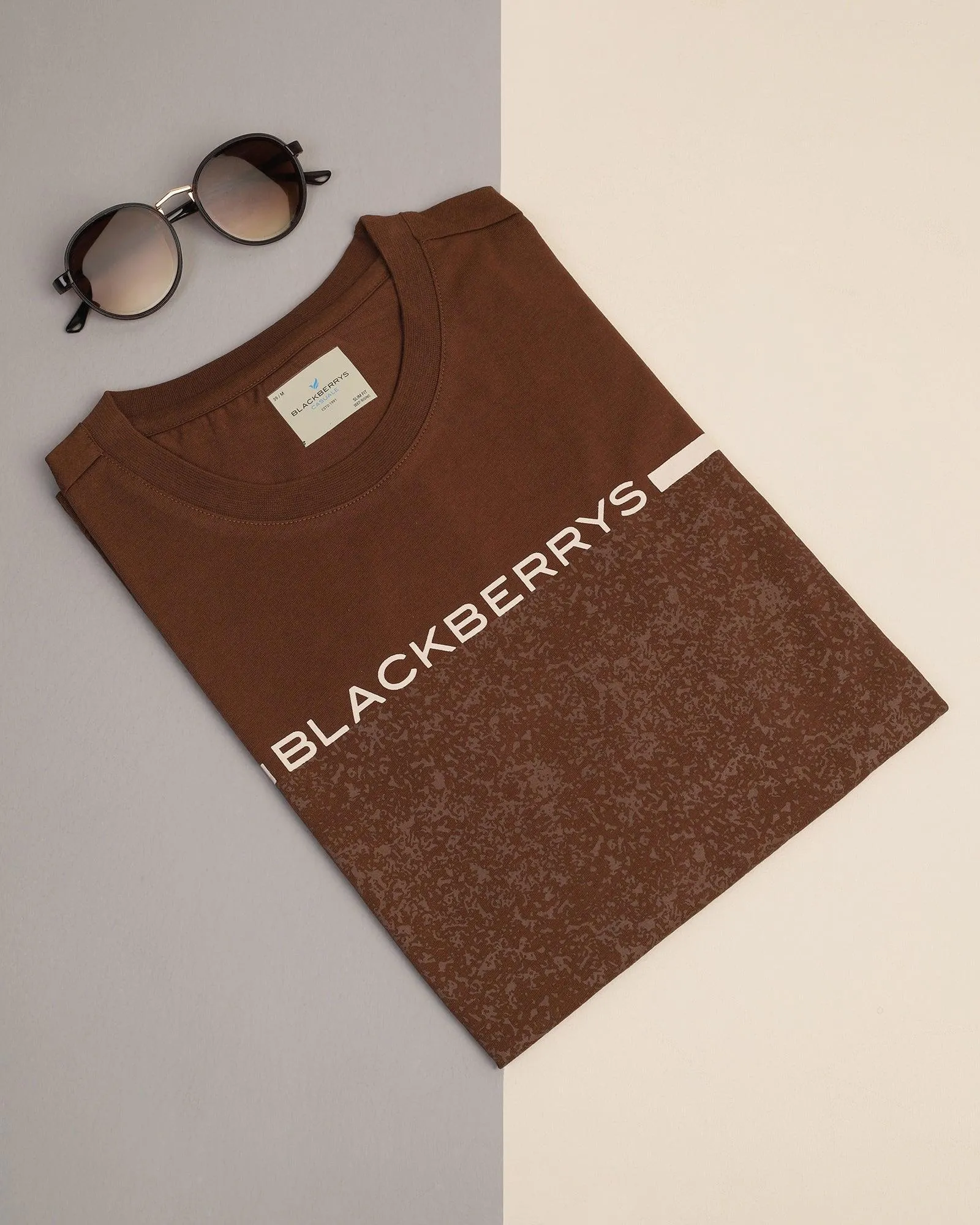 Crew Neck Brown Printed T-Shirt - Peak