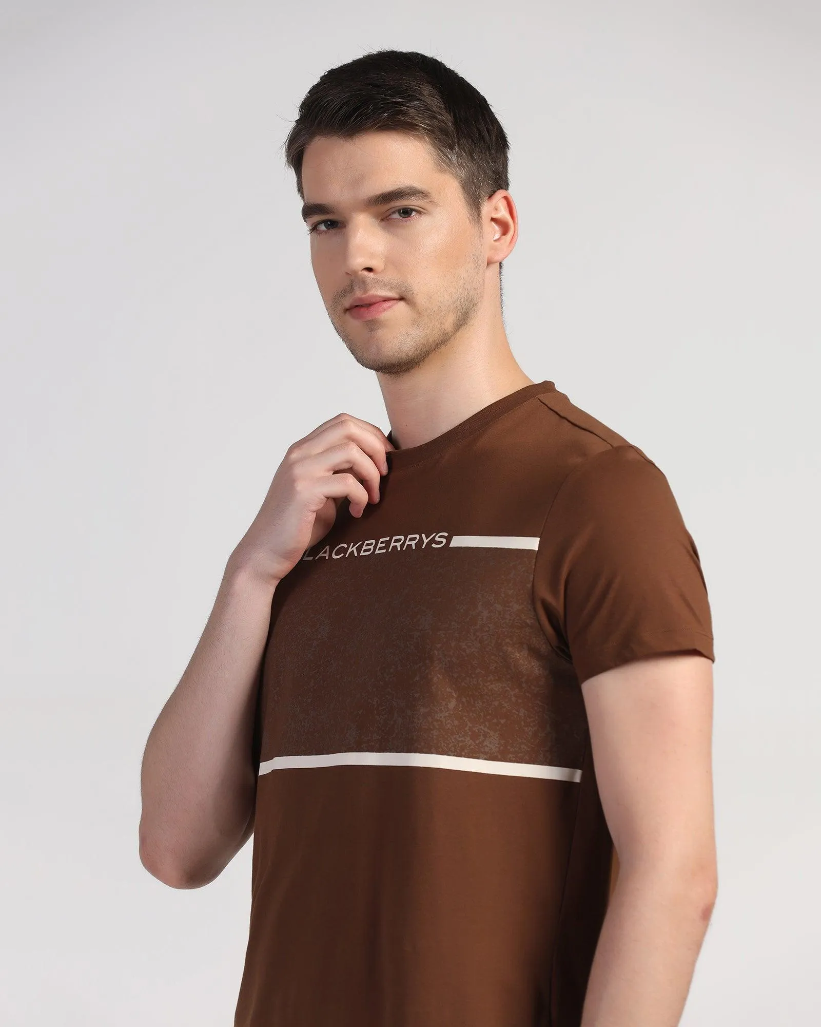 Crew Neck Brown Printed T-Shirt - Peak