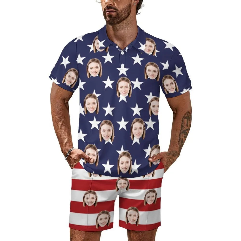 Custom Face American Flag Style Men's Polo Shirt and Shorts Set 2 Piece Summer Outfits Fashion Tracksuit Set