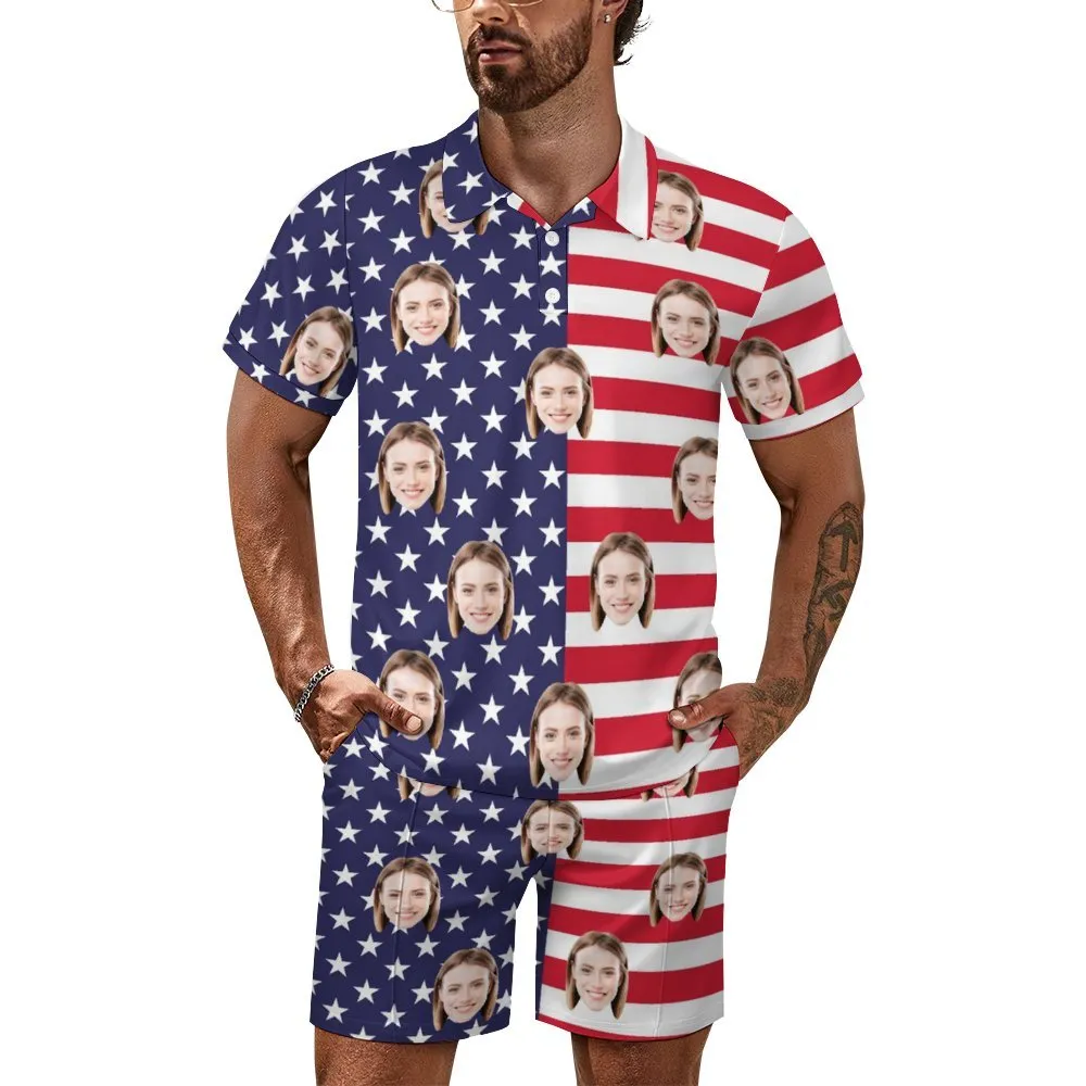 Custom Face American Flag Style Men's Polo Shirt and Shorts Set 2 Piece Summer Outfits Fashion Tracksuit Set