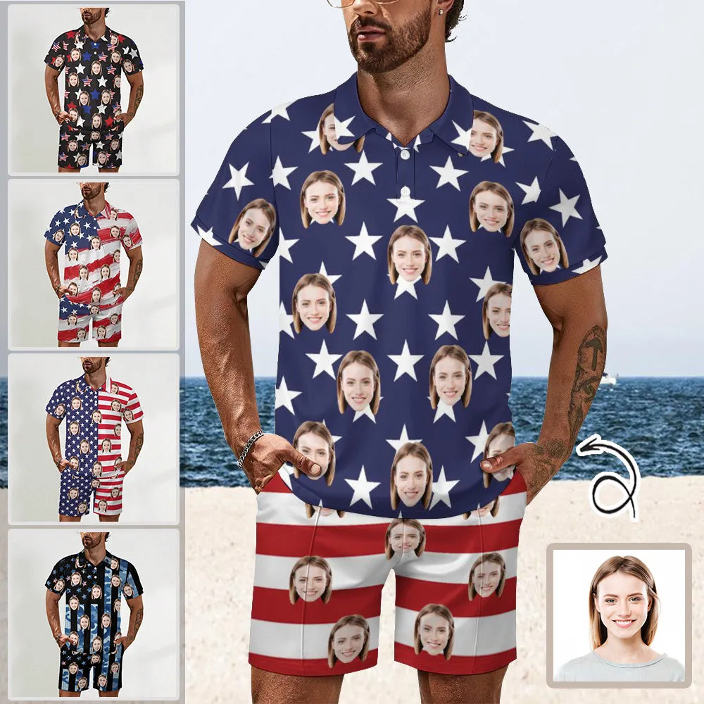 Custom Face American Flag Style Men's Polo Shirt and Shorts Set 2 Piece Summer Outfits Fashion Tracksuit Set