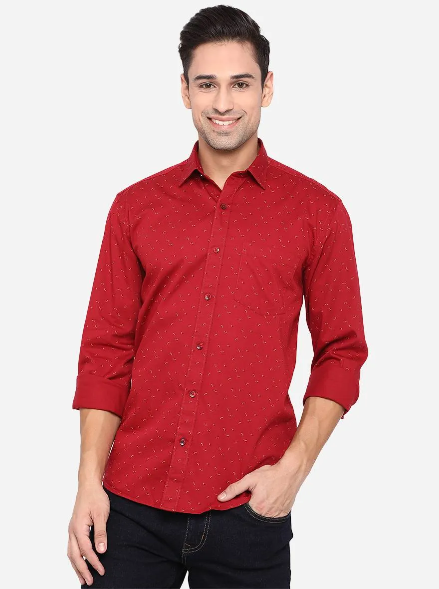 Deep Red Printed Slim Fit Casual Shirt | JadeBlue