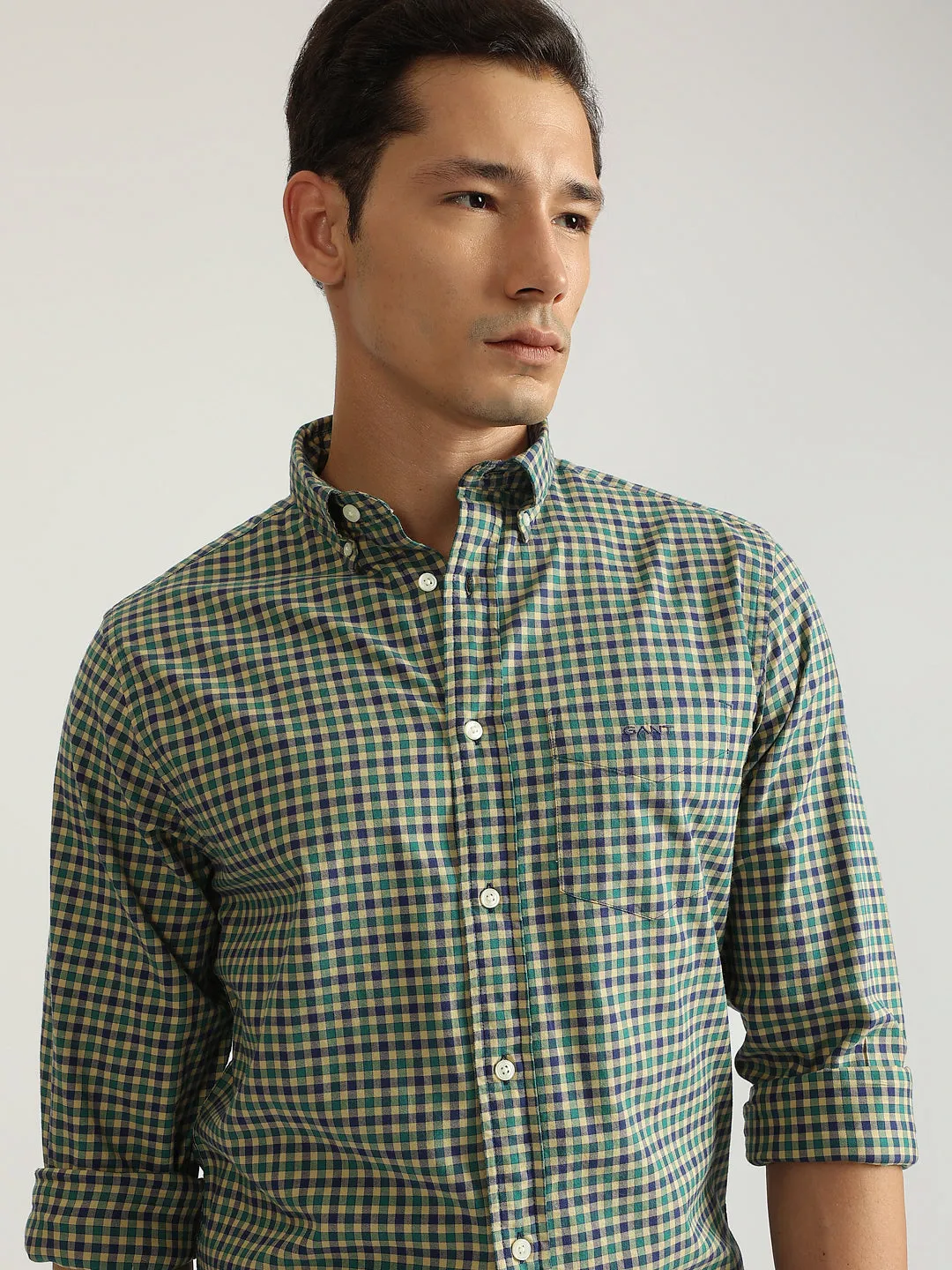 Gant Men Green Checked Button-down Collar Full Sleeves Shirt