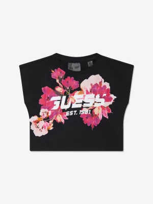 Guess Girls Floral Cropped T-Shirt in Black