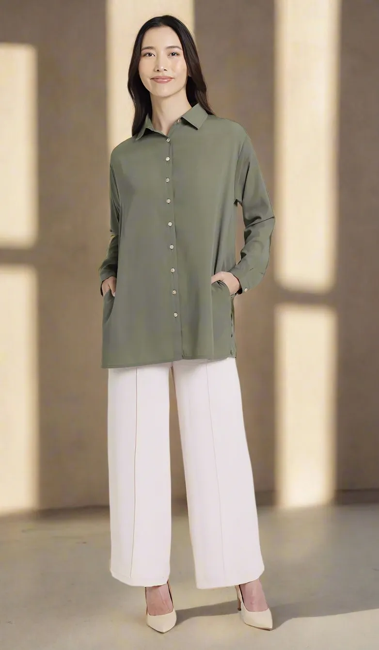 Hania Loose Button Down Shirt - Olive