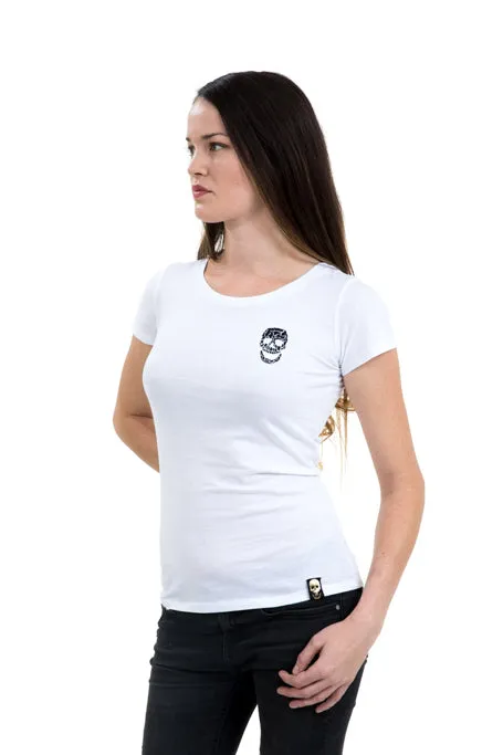 Ladies Fitted Black Skull White Tee