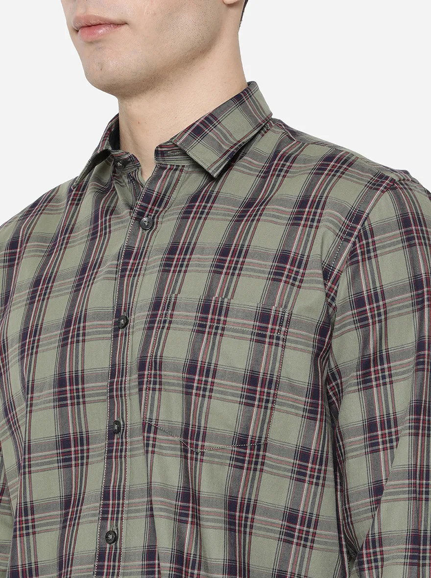 Lichen Green Checked Slim Fit Casual Shirt | Greenfibre