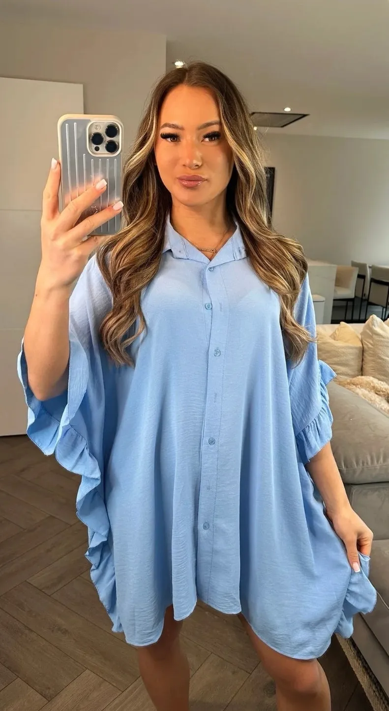 Light Blue Side Frill Shirt Dress