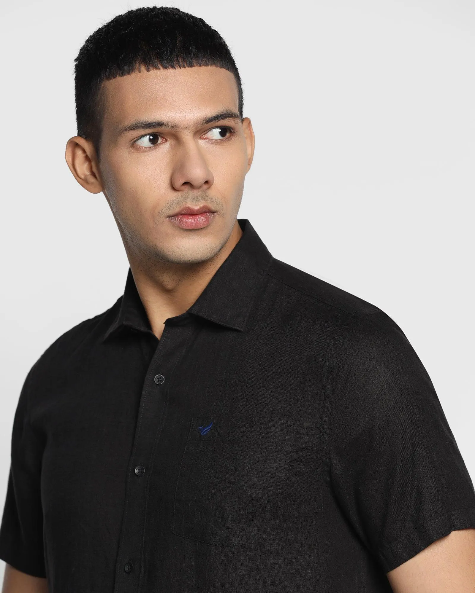 Linen Formal Half Sleeve Black Solid Shirt - Bowen