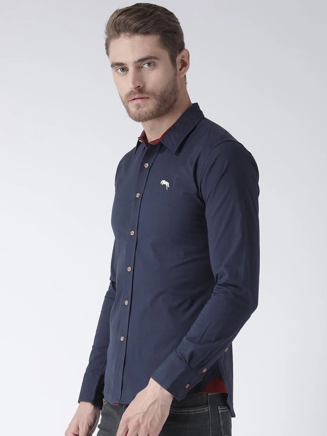 Men Navy Blue Slim Fit Solid Casual Shirt