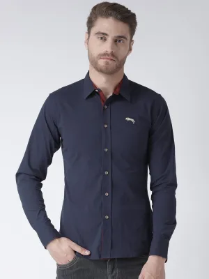 Men Navy Blue Slim Fit Solid Casual Shirt