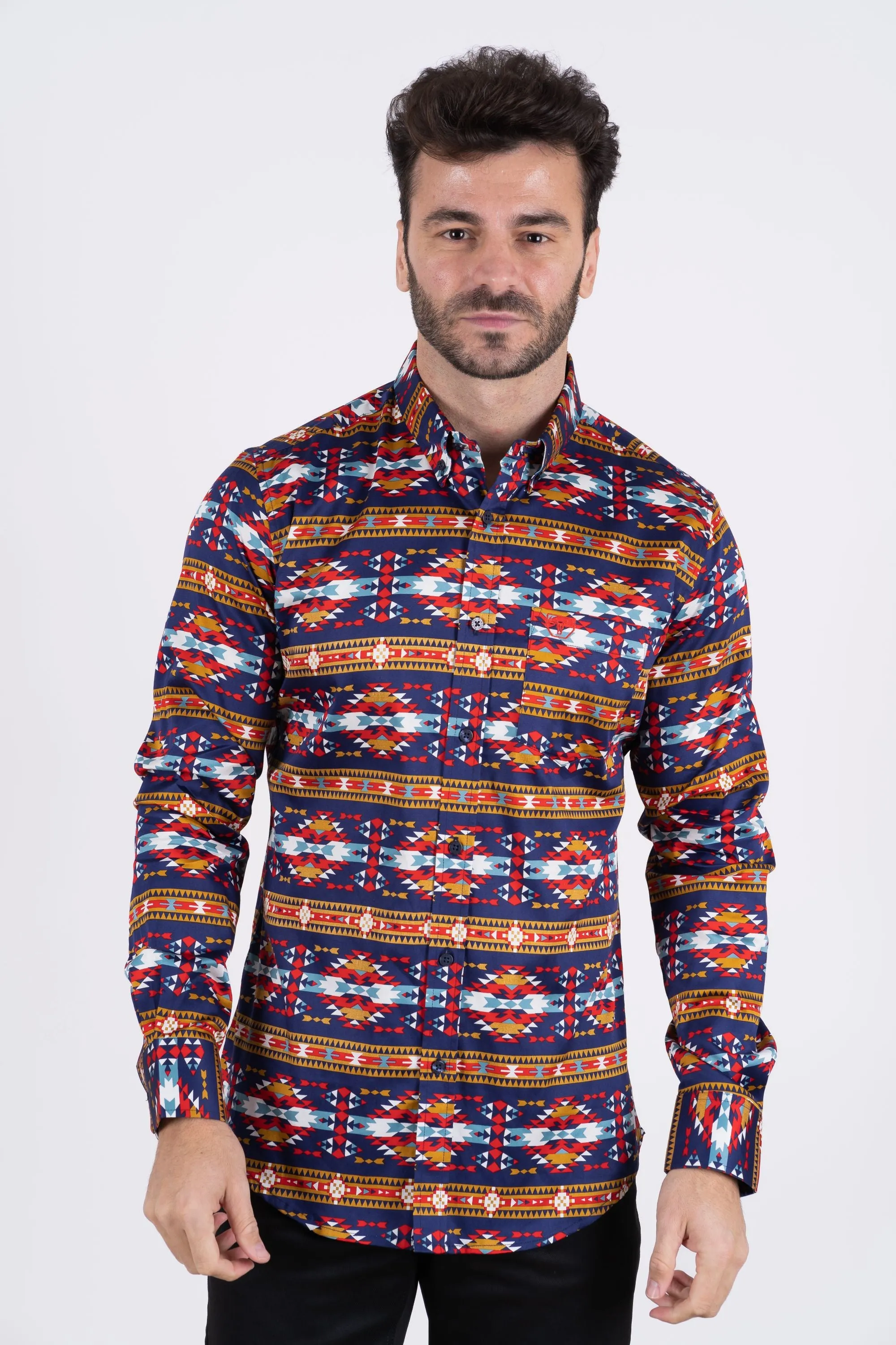 Men's Cotton Navy Aztec Digital Print Dress Shirt