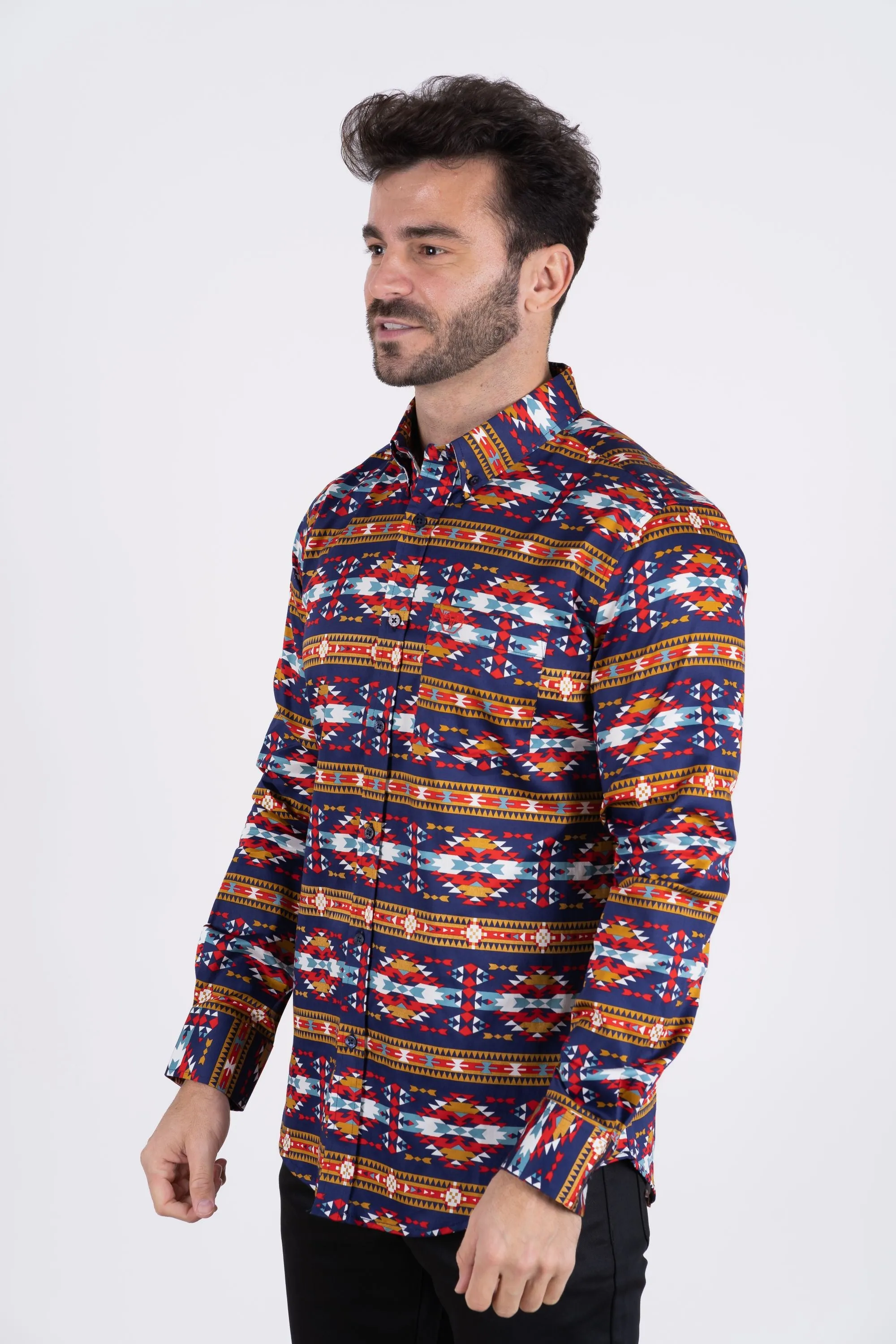 Men's Cotton Navy Aztec Digital Print Dress Shirt