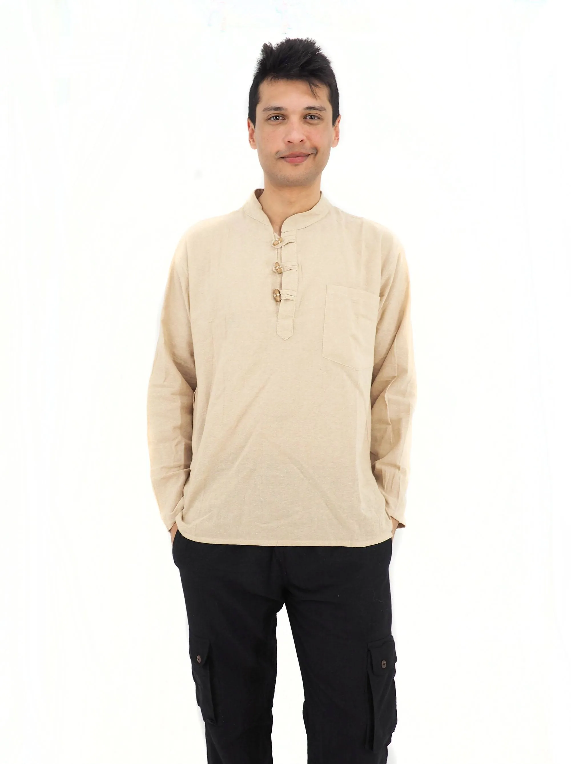 Men's Handmade Casual Boho Cotton Shirt Size S-M-L-XL Beige Off White