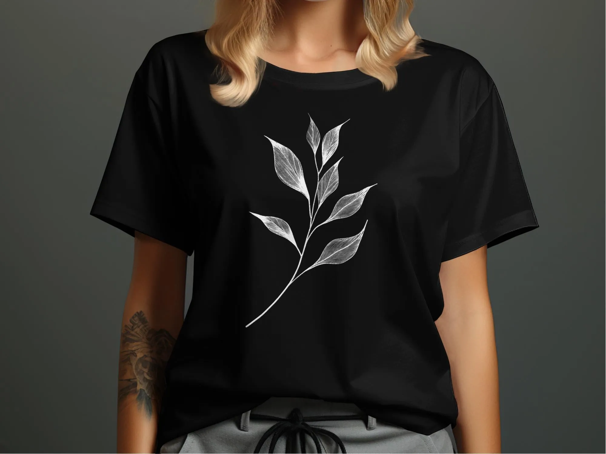 Minimalistic Nature Line Art T-Shirt, Modern Leaf Design Tee, Botanical Black and White Shirt, Nature Inspired Graphic Tee