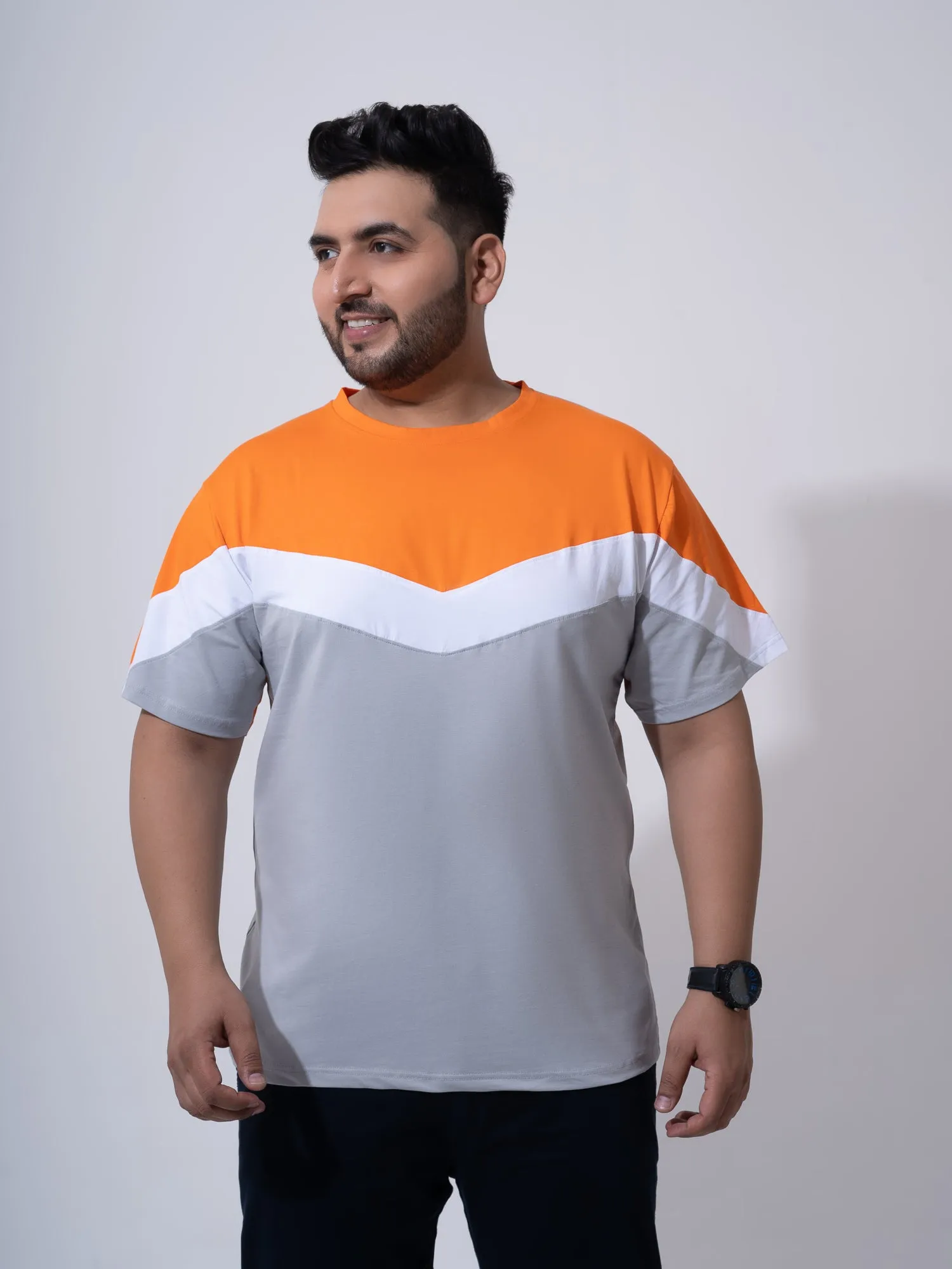 Orange white Grey colourblock Plus Size T-shirt