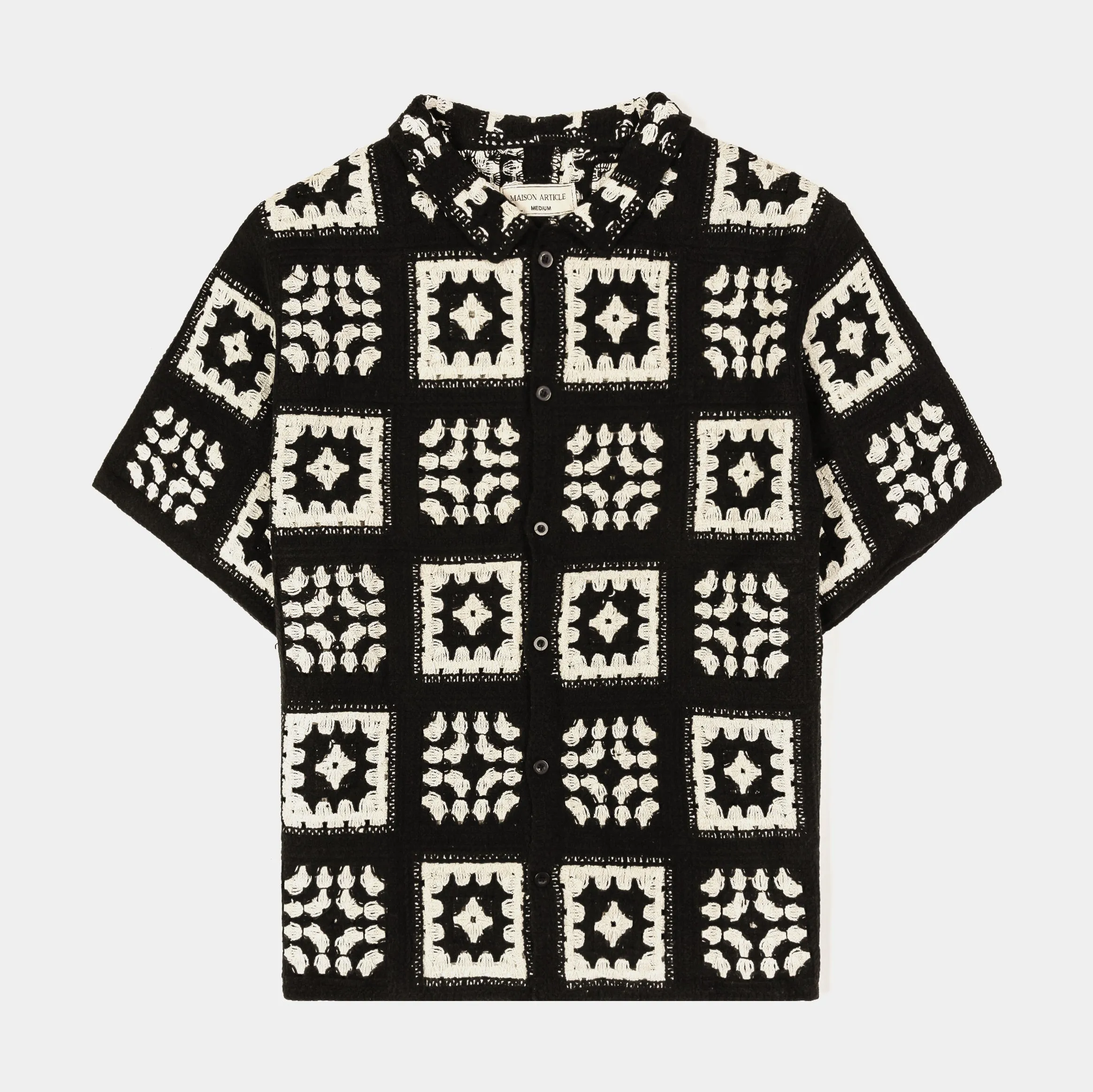 Quilt Crochet Mens Short Sleeve Shirt (Black/White)